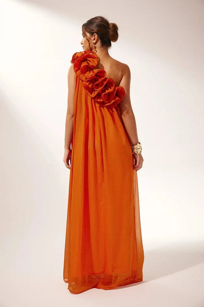 Vestido largo mujer naranja mono-Hombro volantes estructurados