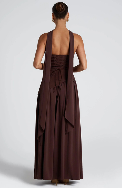 Vestido largo mujer sin tirantes cuello pañuelo espalda corsé abertura alta