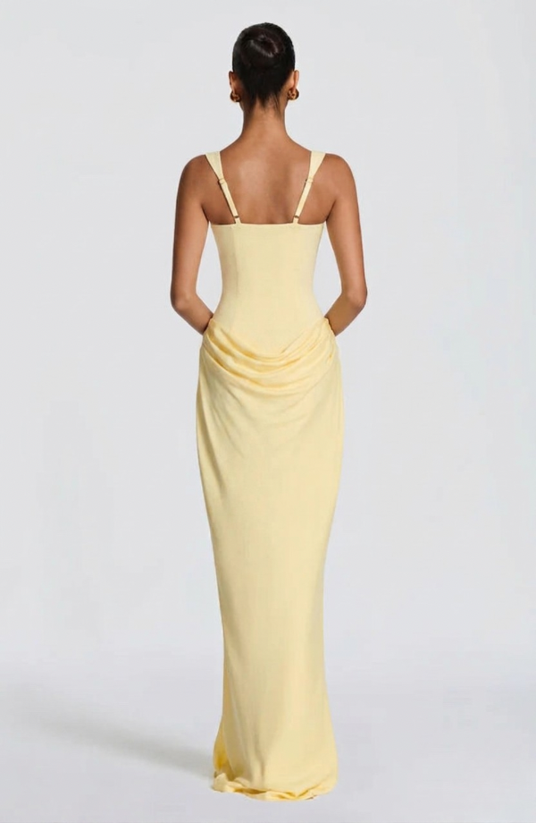 Vestido largo mujer bustier estructurado escote cuadrado drapeado