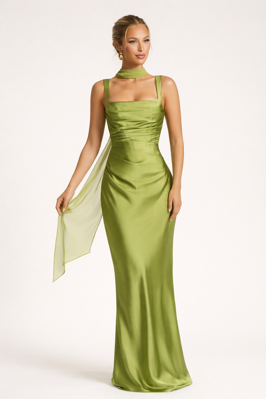 Vestido largo mujer corte ajustado escote cuadrado espalda con cordones