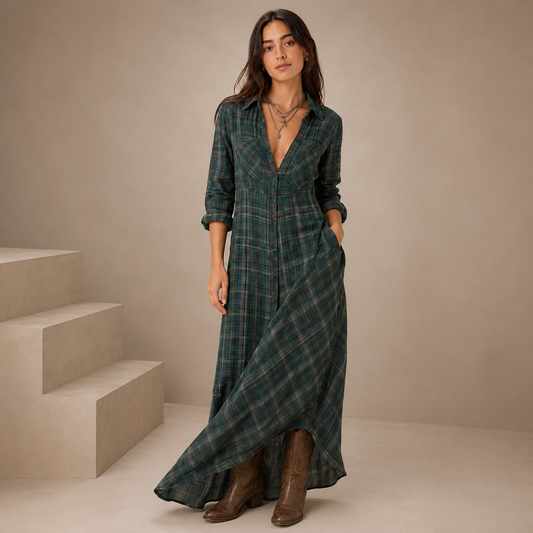 Jole™ - Largo Vestido con Verde kariertem Revers