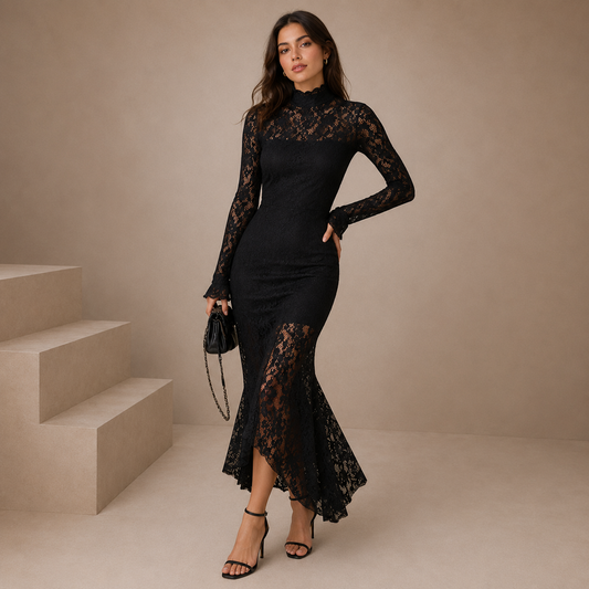 Veronika | Schwarzes Spitzen-Vestido maxi