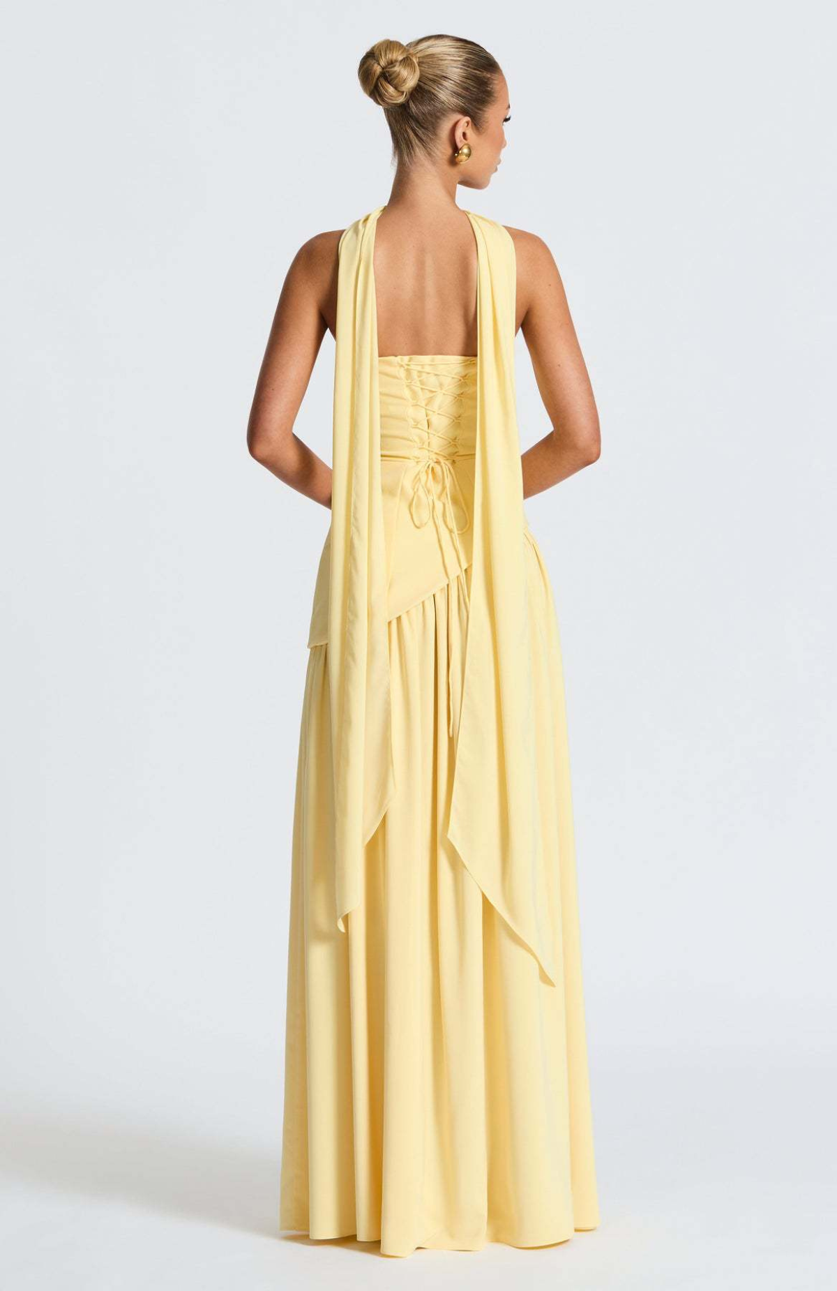 Vestido largo mujer sin tirantes cuello pañuelo espalda corsé abertura alta
