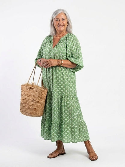 Valeria | Vestido midi estampado con escote en V y manga tres cuartos