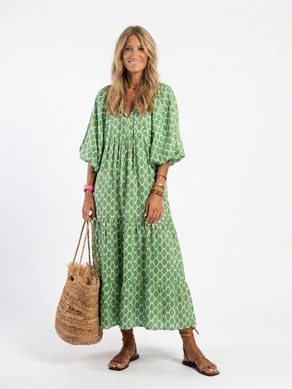 Valeria | Vestido midi estampado con escote en V y manga tres cuartos