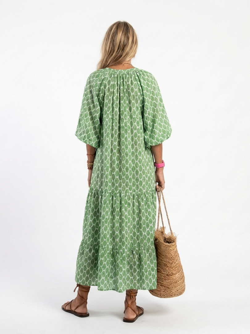 Valeria | Vestido midi estampado con escote en V y manga tres cuartos