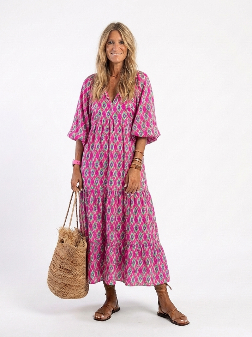 Valeria | Vestido midi estampado con escote en V y manga tres cuartos
