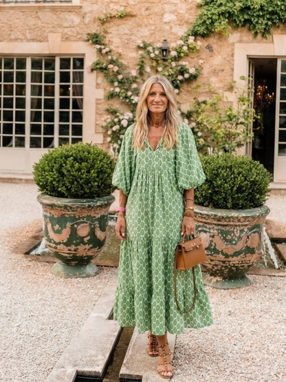 Valeria | Vestido midi estampado con escote en V y manga tres cuartos