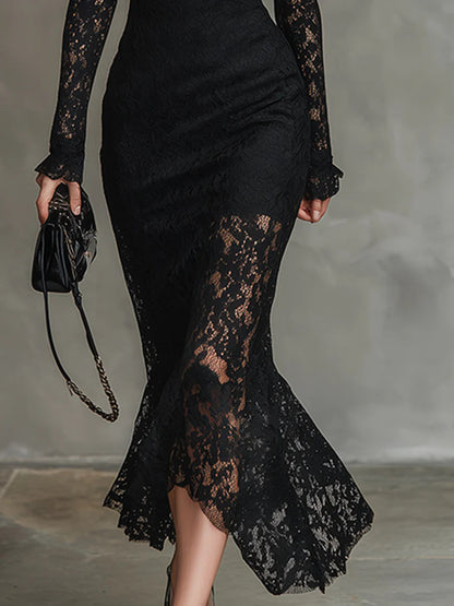 VERONICA™ | Vestido maxi negro de encaj
