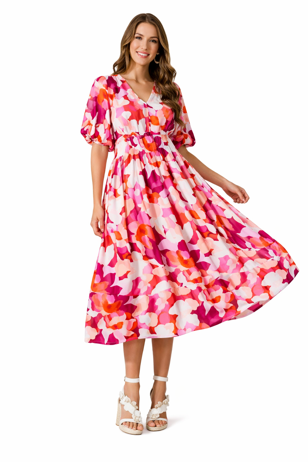 Vestido largo floreado con mangas largas y cuello en V boda primavera