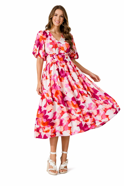 Vestido largo floreado con mangas largas y cuello en V boda primavera