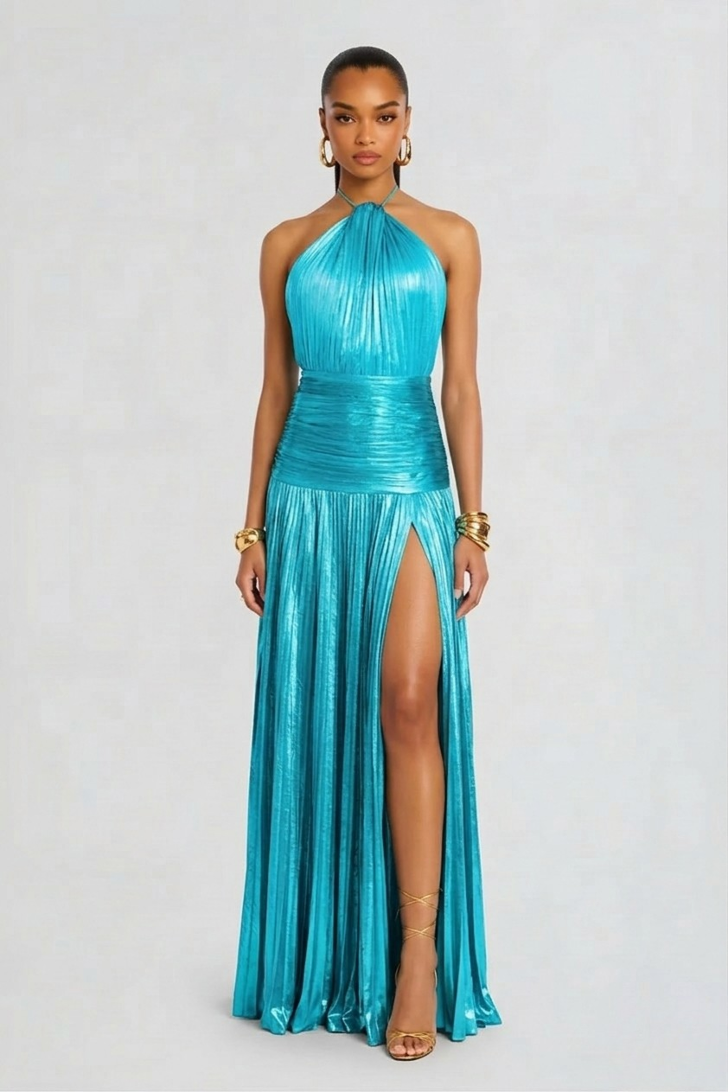 Vestido largo mujer cuello halter plisado con abertura espalda descubierta