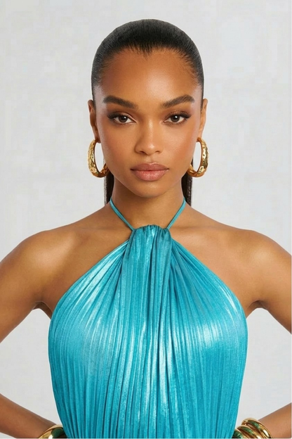Vestido largo mujer cuello halter plisado con abertura espalda descubierta