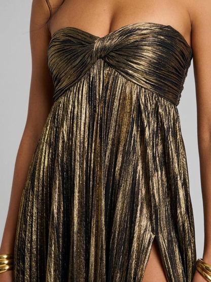 Vestido largo mujer sin tirantes cuerpo retorcido abertura alta plisado