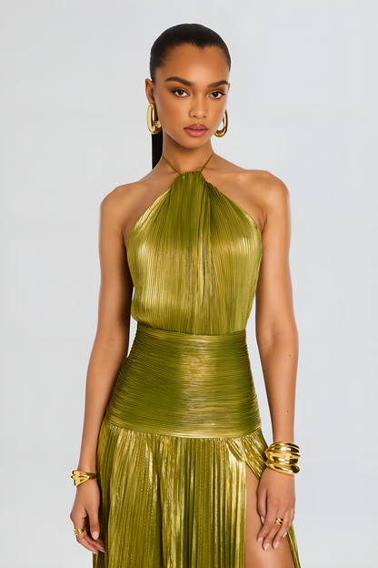 Vestido largo mujer cuello halter plisado con abertura espalda descubierta