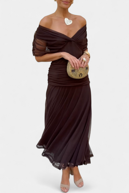 Vestido largo mujer Hombros descubiertos cintura fruncida escote retorcido