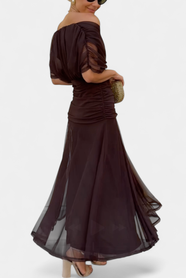Vestido largo mujer Hombros descubiertos cintura fruncida escote retorcido