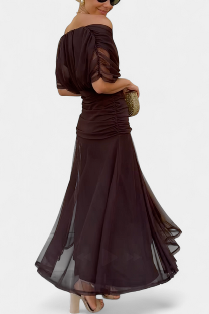 Vestido largo mujer Hombros descubiertos cintura fruncida escote retorcido