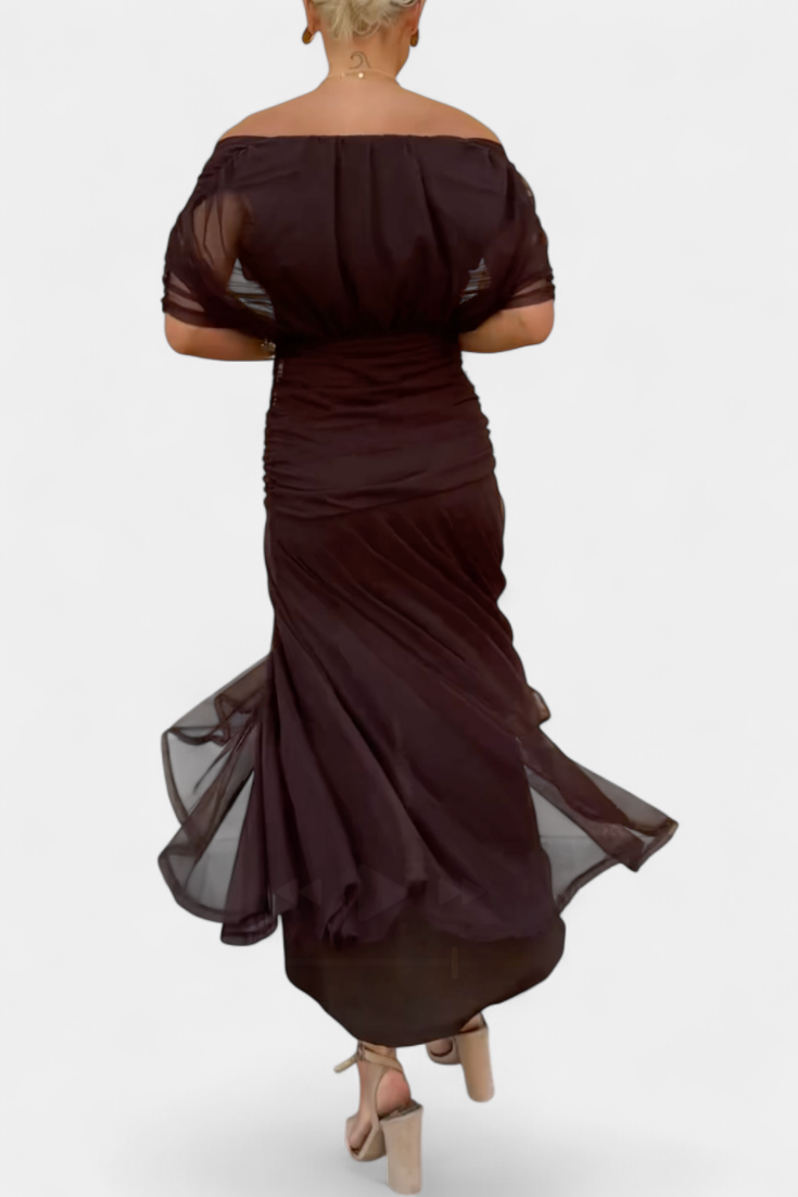 Vestido largo mujer Hombros descubiertos cintura fruncida escote retorcido