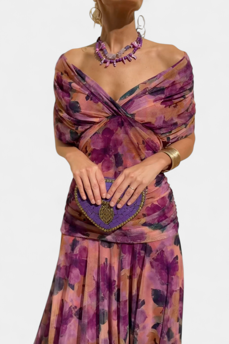 Vestido largo mujer Hombros descubiertos cintura fruncida escote retorcido