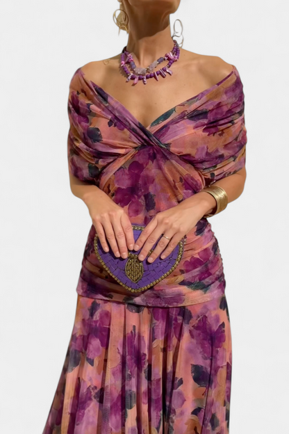 Vestido largo mujer Hombros descubiertos cintura fruncida escote retorcido