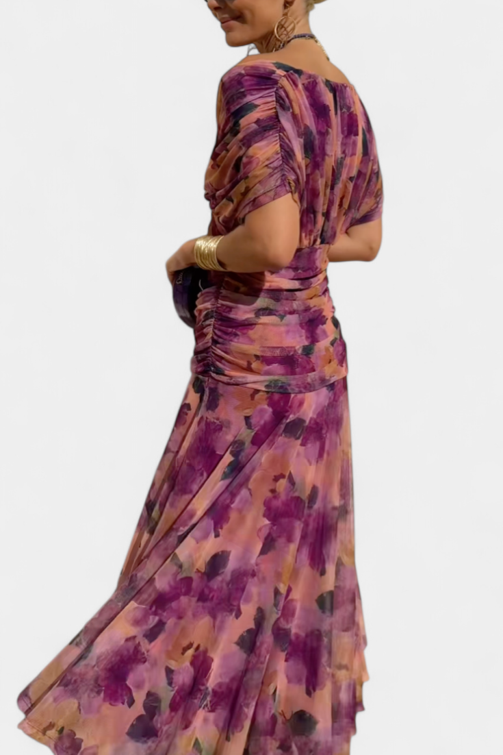 Vestido largo mujer Hombros descubiertos cintura fruncida escote retorcido