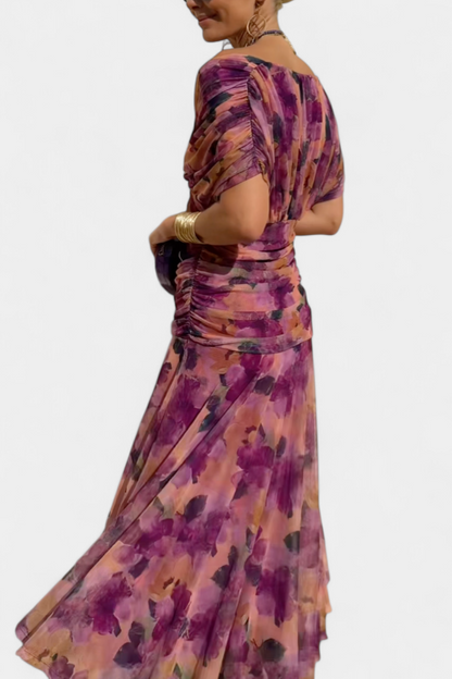 Vestido largo mujer Hombros descubiertos cintura fruncida escote retorcido