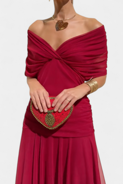 Vestido largo mujer Hombros descubiertos cintura fruncida escote retorcido