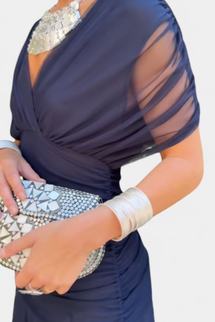 Vestido largo mujer Hombros descubiertos cintura fruncida escote retorcido