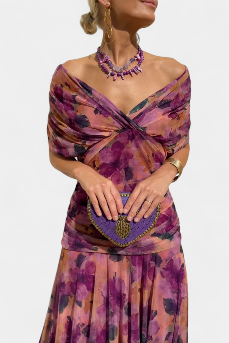 Vestido largo mujer Hombros descubiertos cintura fruncida escote retorcido