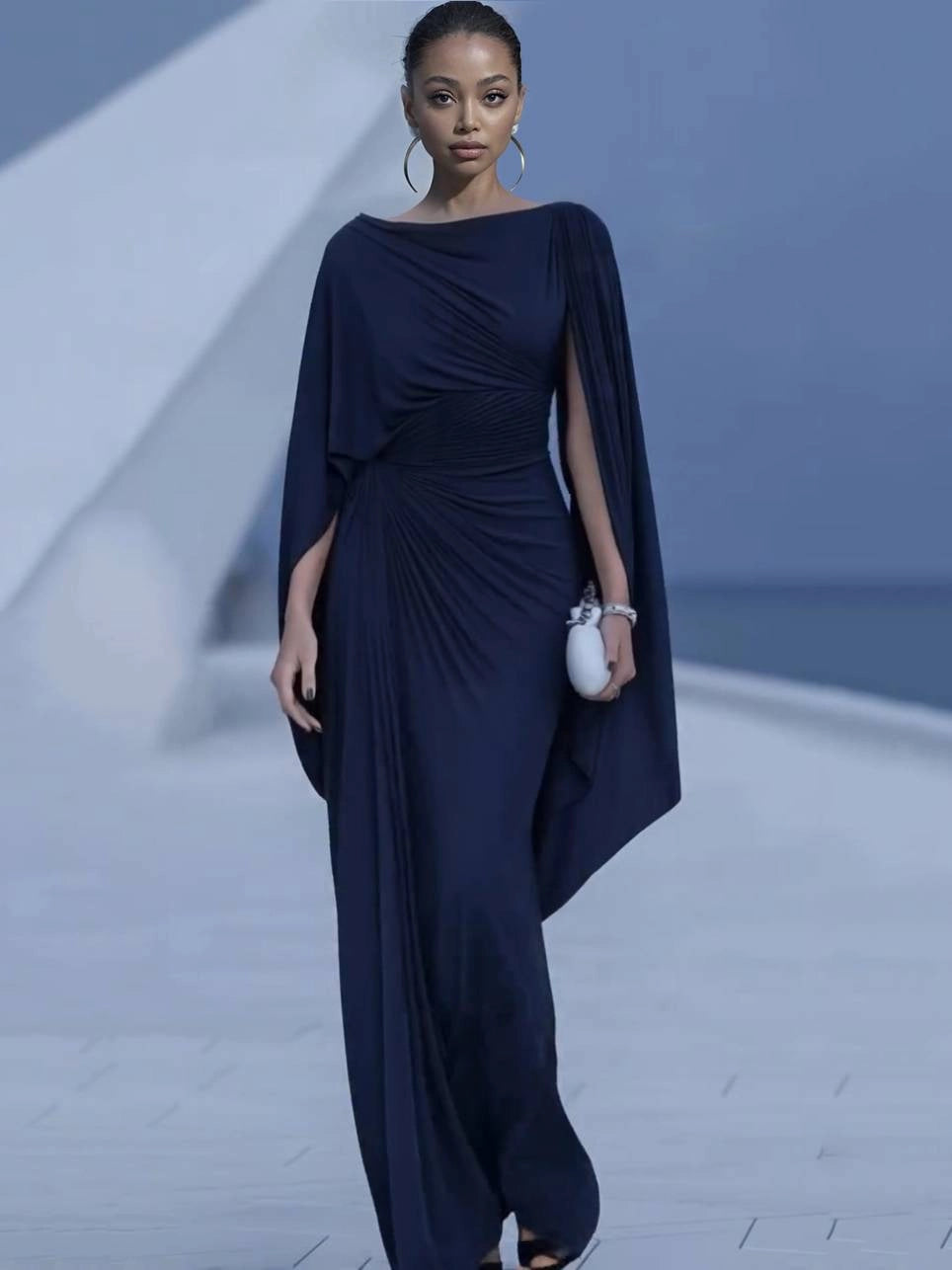 Vestido Maxi con cuello barco plisado