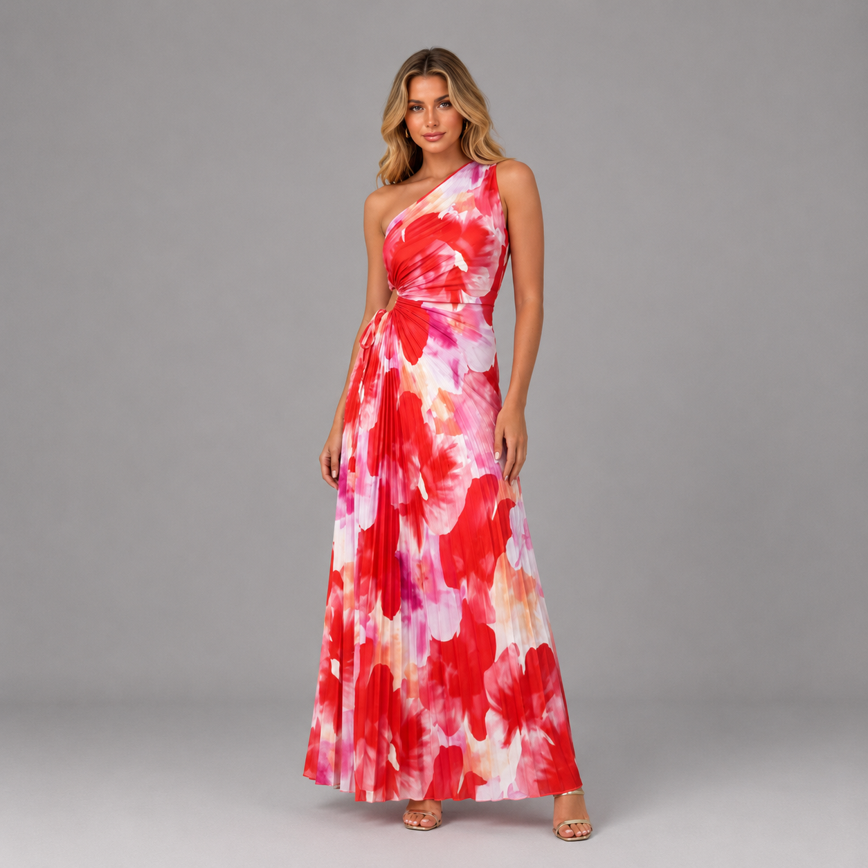 Vestido largo rojo floreado plisado para mujer
