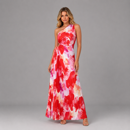 Vestido largo rojo floreado plisado para mujer