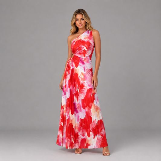 Vestido largo rojo floreado plisado para mujer