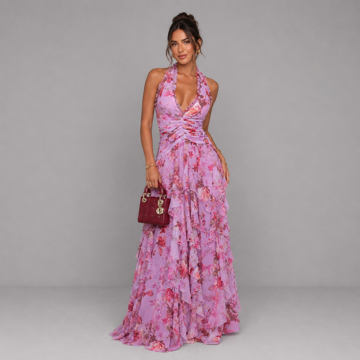 Vestido largo violeta floreado con volantes para mujer