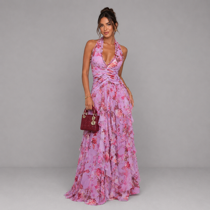Vestido largo violeta floreado con volantes para mujer