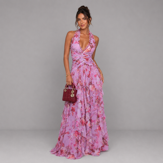 Vestido largo violeta floreado con volantes para mujer