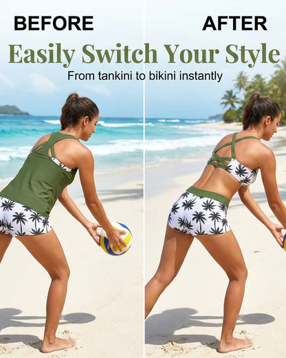 Conjunto de playa con top sin mangas cruzado y pantalón estampado con cordón ajustable.
