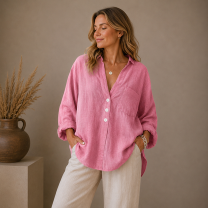 AMANDA – Blusa de lino con botones, escote en V y mangas largas ajustables para mujer