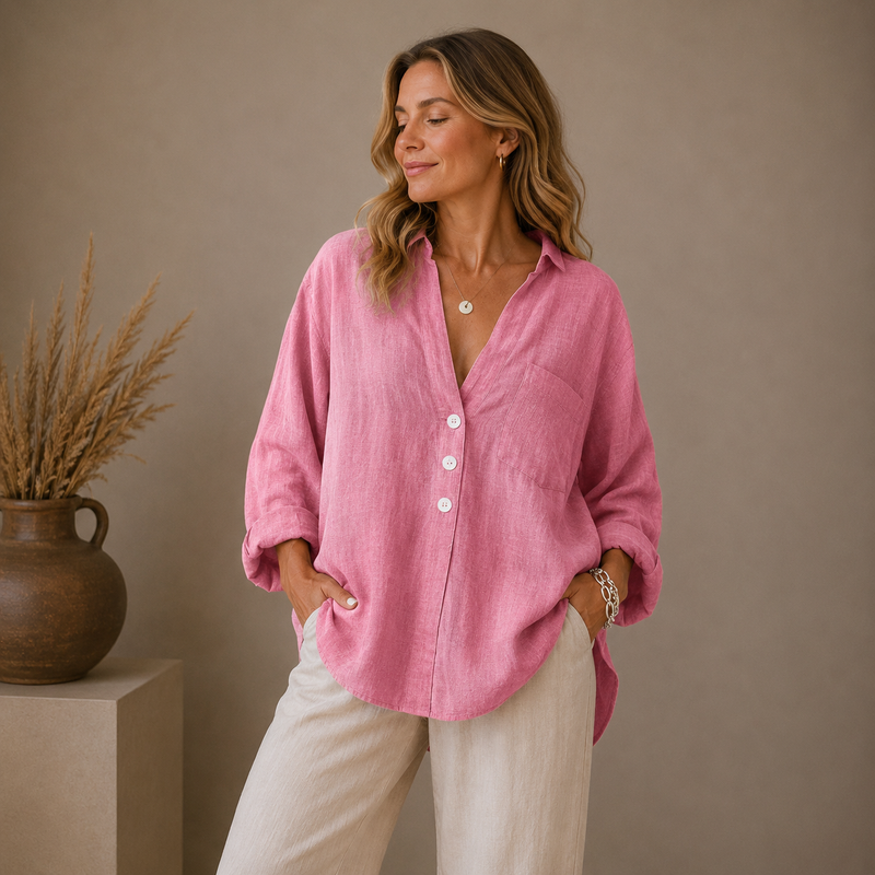 AMANDA – Blusa de lino con botones, escote en V y mangas largas ajustables para mujer