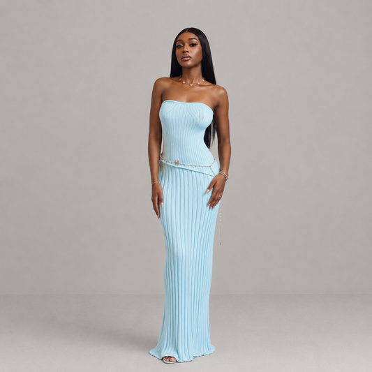 Vestido largo de verano de mujer azul plisado sin tirantes