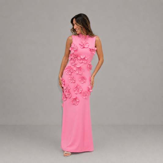 Vestido largo de mujer rosa sin mangas floreado