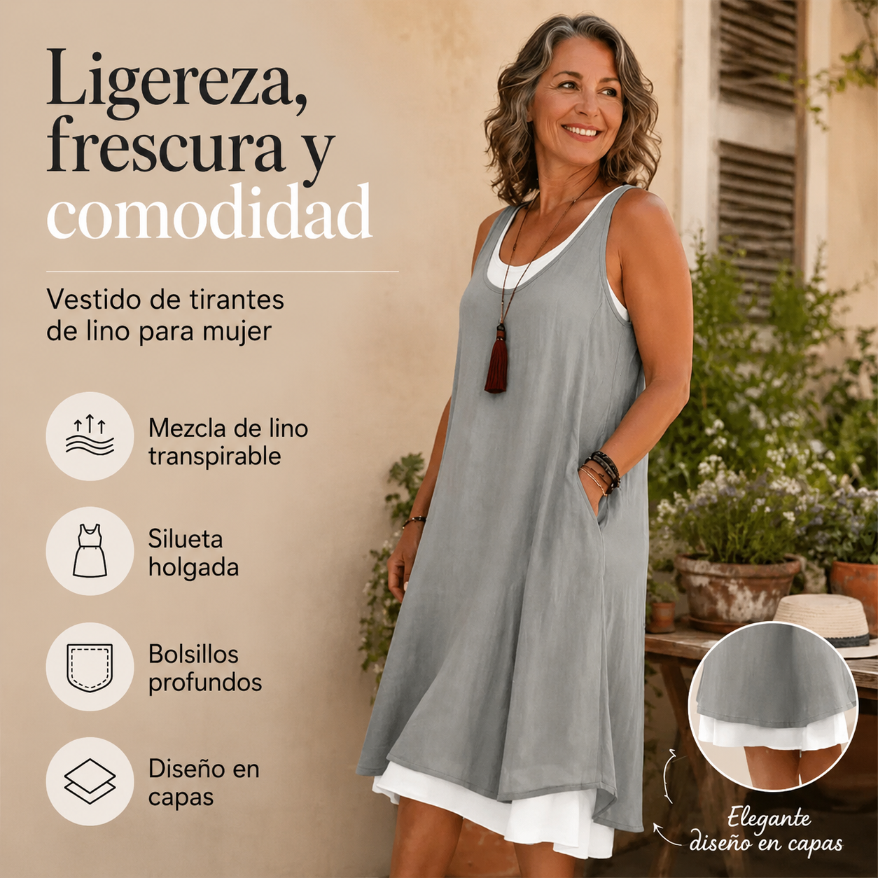 Vestido veraniego sin tirantes con efecto superpuesto