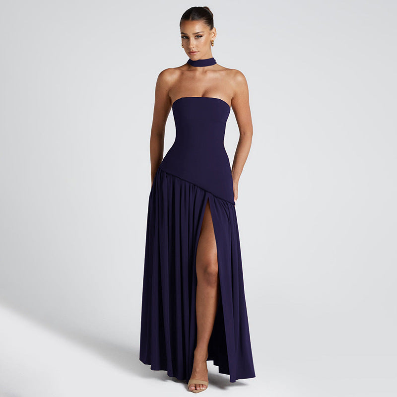 Vestido largo mujer palabra de honor abertura alta cintura asimétrica