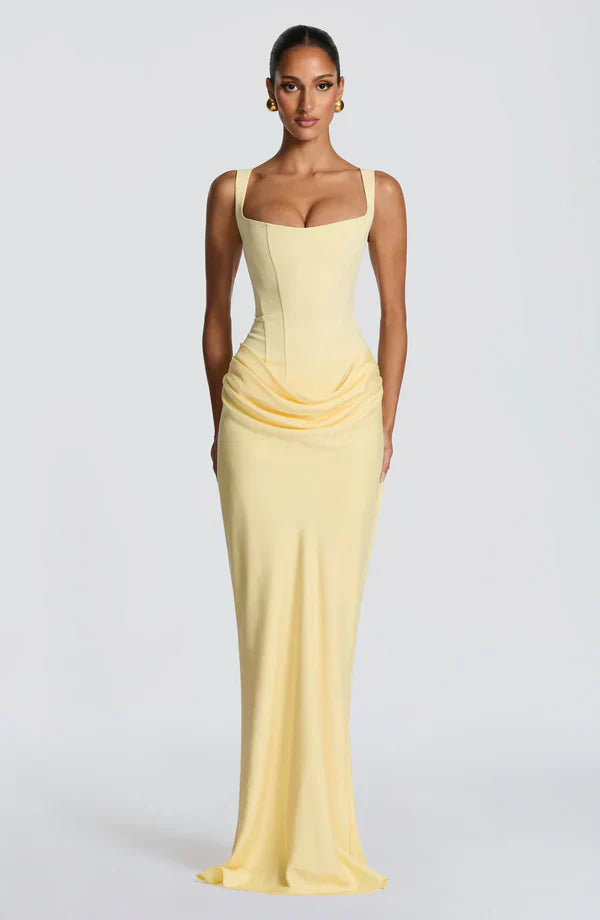 Vestido largo mujer bustier estructurado escote cuadrado drapeado