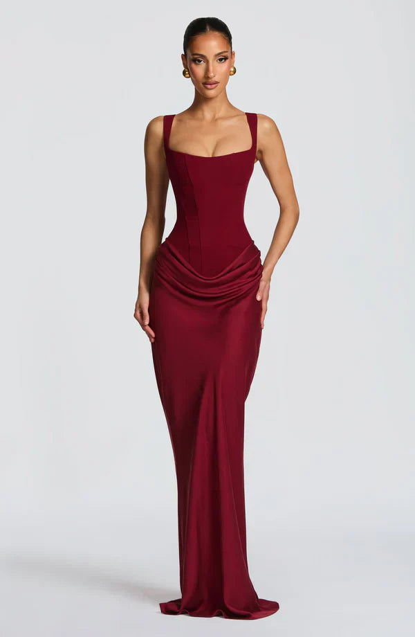 Vestido largo mujer bustier estructurado escote cuadrado drapeado