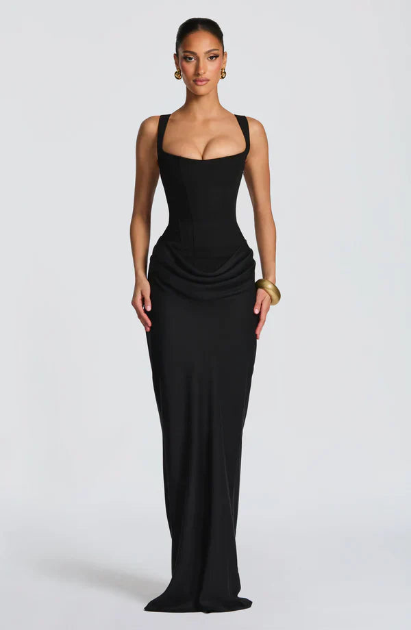 Vestido largo mujer bustier estructurado escote cuadrado drapeado