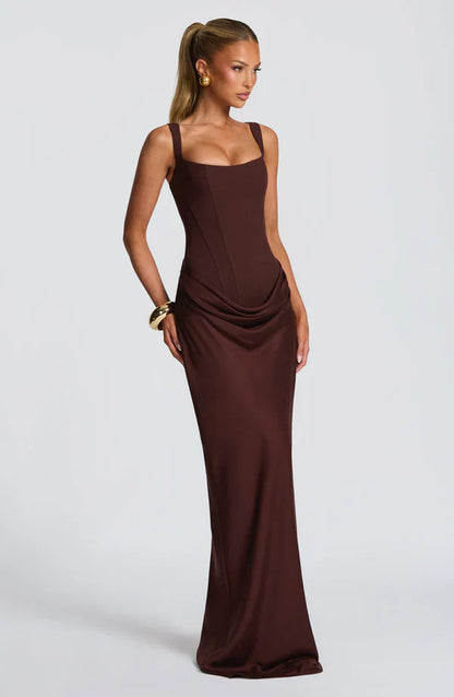 Vestido largo mujer bustier estructurado escote cuadrado drapeado
