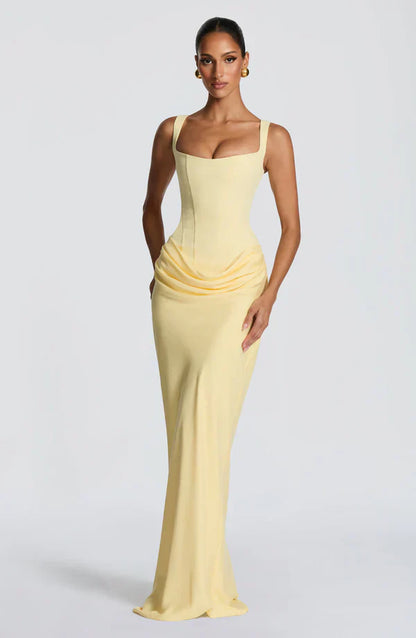 Vestido largo mujer bustier estructurado escote cuadrado drapeado
