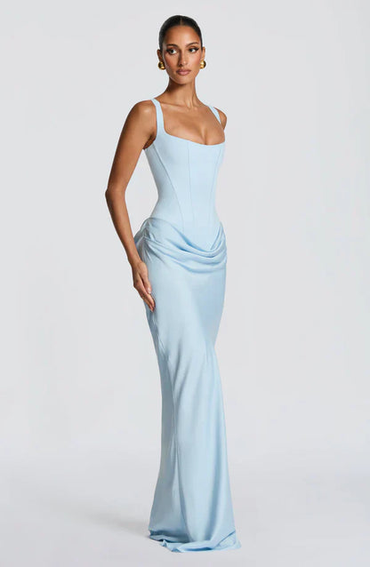 Vestido largo mujer bustier estructurado escote cuadrado drapeado